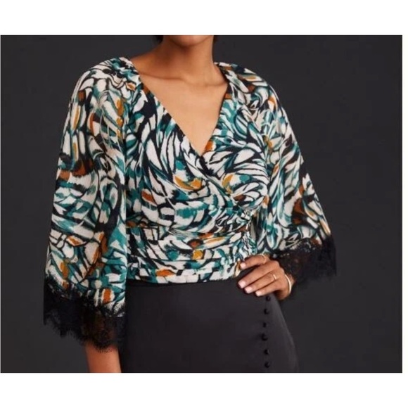 Anthropologie Tops - Anthropologie Green, Brown and Black Flutter Sleeve Wrap Top - Size S